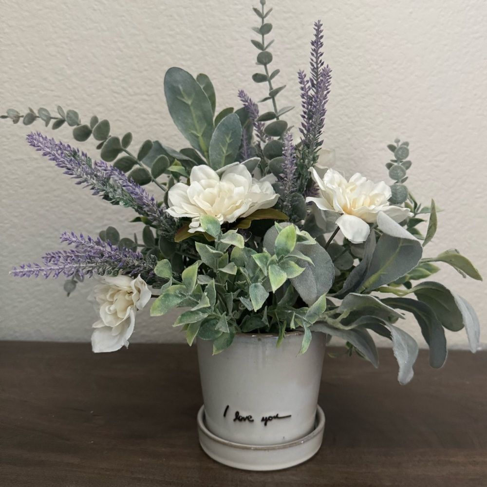 Gray Ceramic Farmhouse Lavender Greenery Planter Floral Arrangement